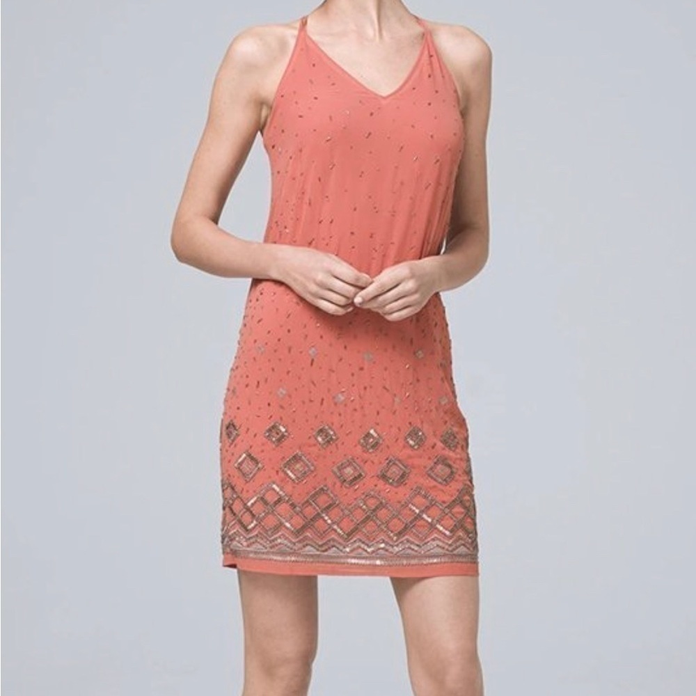 WHBM Salmon Beaded V-neck Sleeveless Mini Dress US XS
